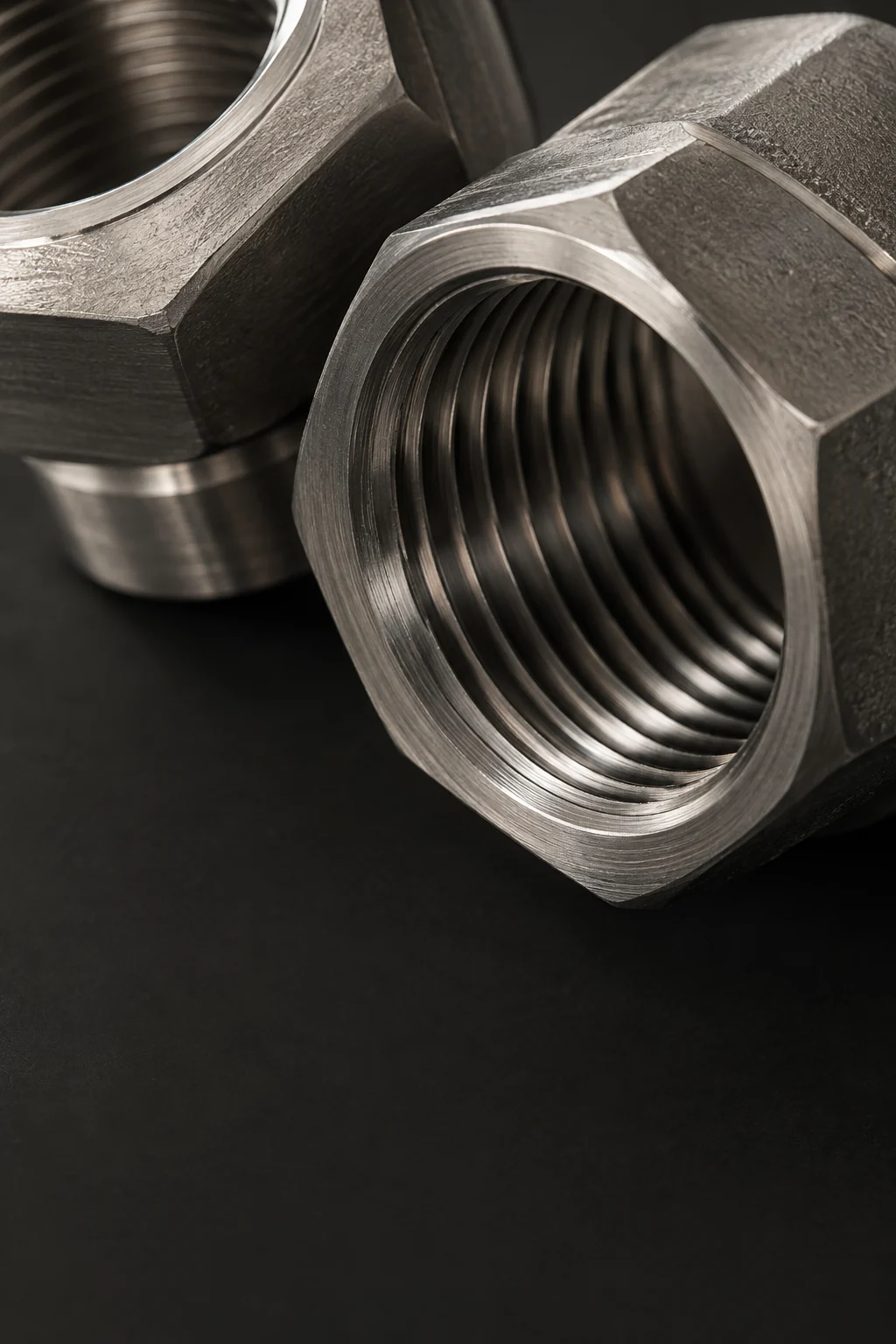 Illustrative close-up of a stainless steel threaded fitting