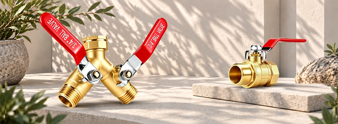 Brass garden hose splitter and a red lever-handle ball valve
