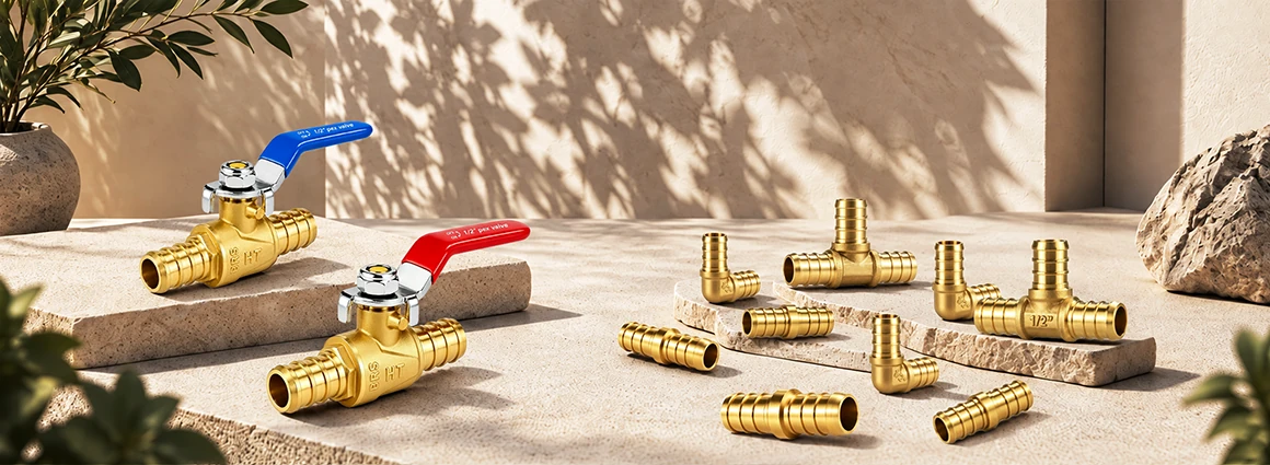 Red- and blue-handle PEX ball valves with brass fittings