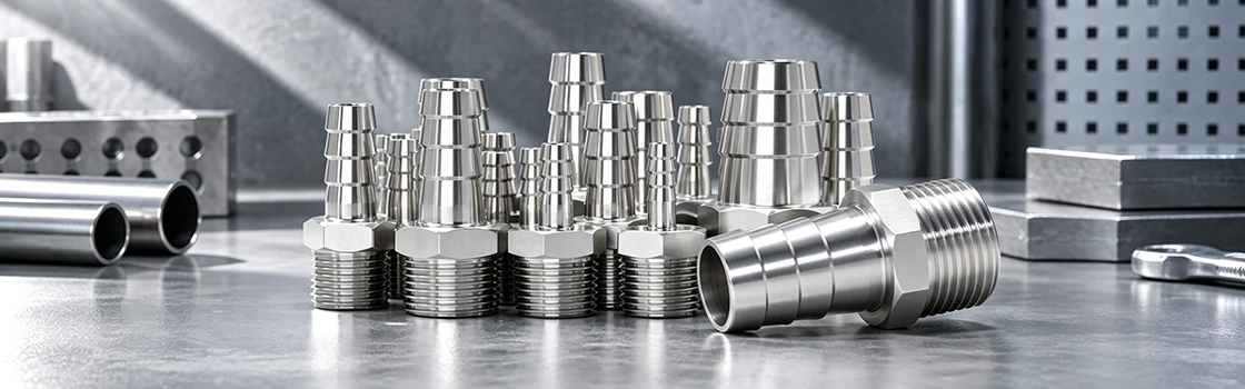 Stainless steel hose barb fittings in multiple sizes
