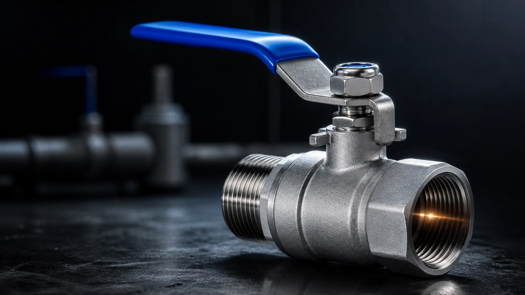 Illustrative close-up of a stainless steel valve with a blue lever and threaded connections